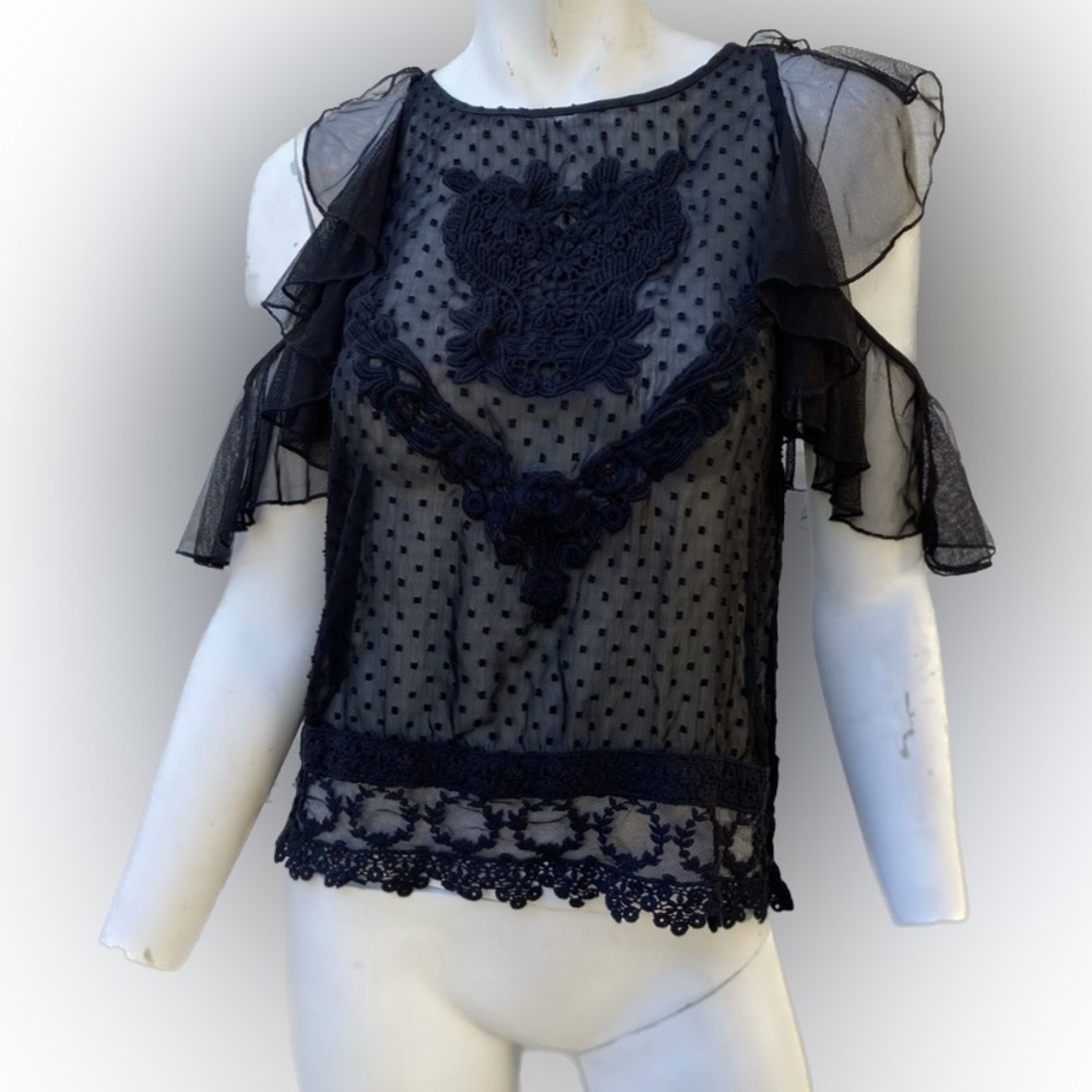 Ladies black lace goth Edwardian romantic ruffle cold shoulder pin up blouse